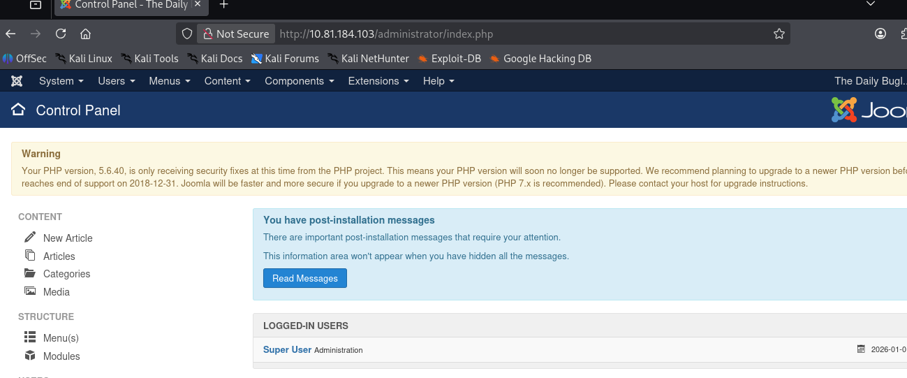 Joomla admin dashboard