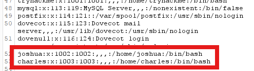 Local users Joshua and Charles identified in the passwd file