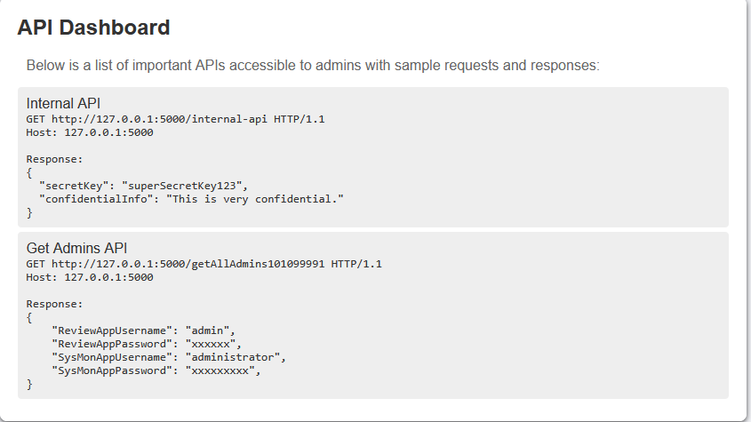 Administrator API dashboard listing internal endpoints