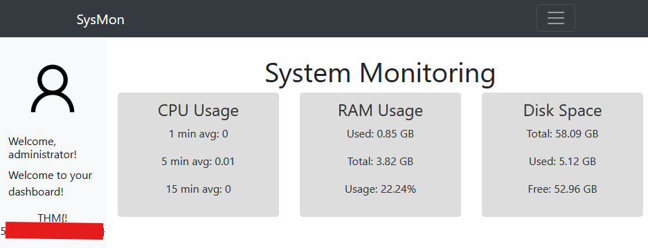 Administrator login to the System Monitoring Portal and first flag
