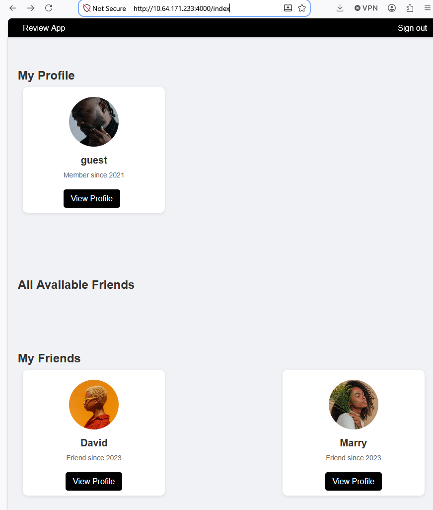 User profile page after authentication