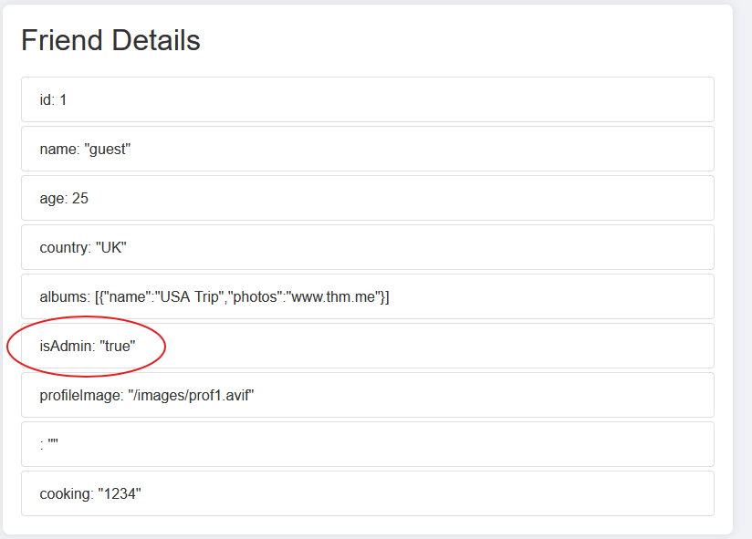 User profile showing isAdmin changed to true
