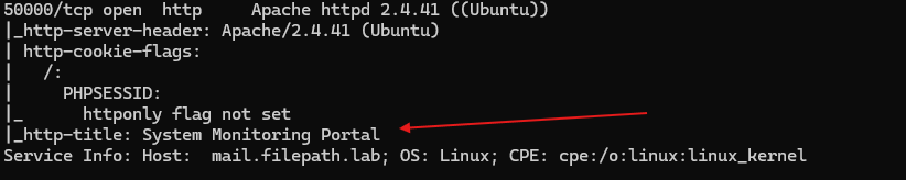 Nmap scan identifying the System Monitoring Portal on port 50000