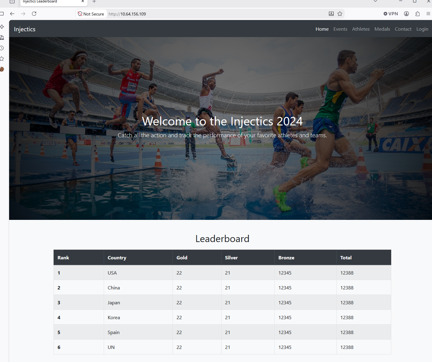Main page of the Injectics challenge