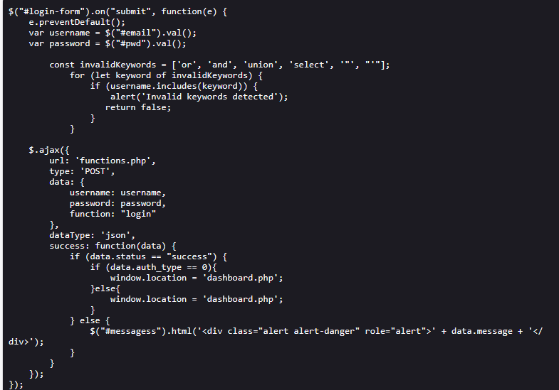 script.js showing login request and input filtering