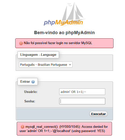 SQL injection tests against the phpMyAdmin login page