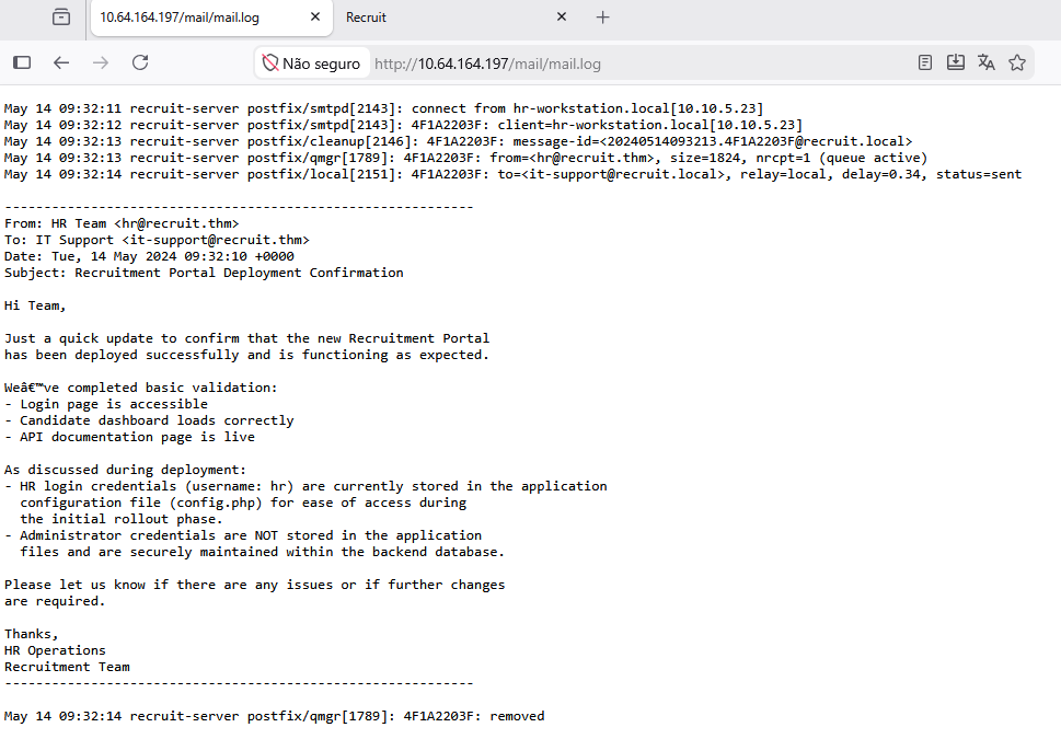 Exposed mail log containing application information