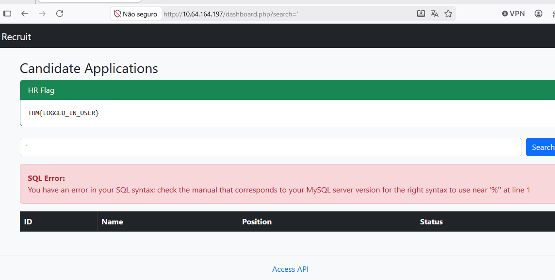 SQL syntax error triggered through the dashboard search parameter
