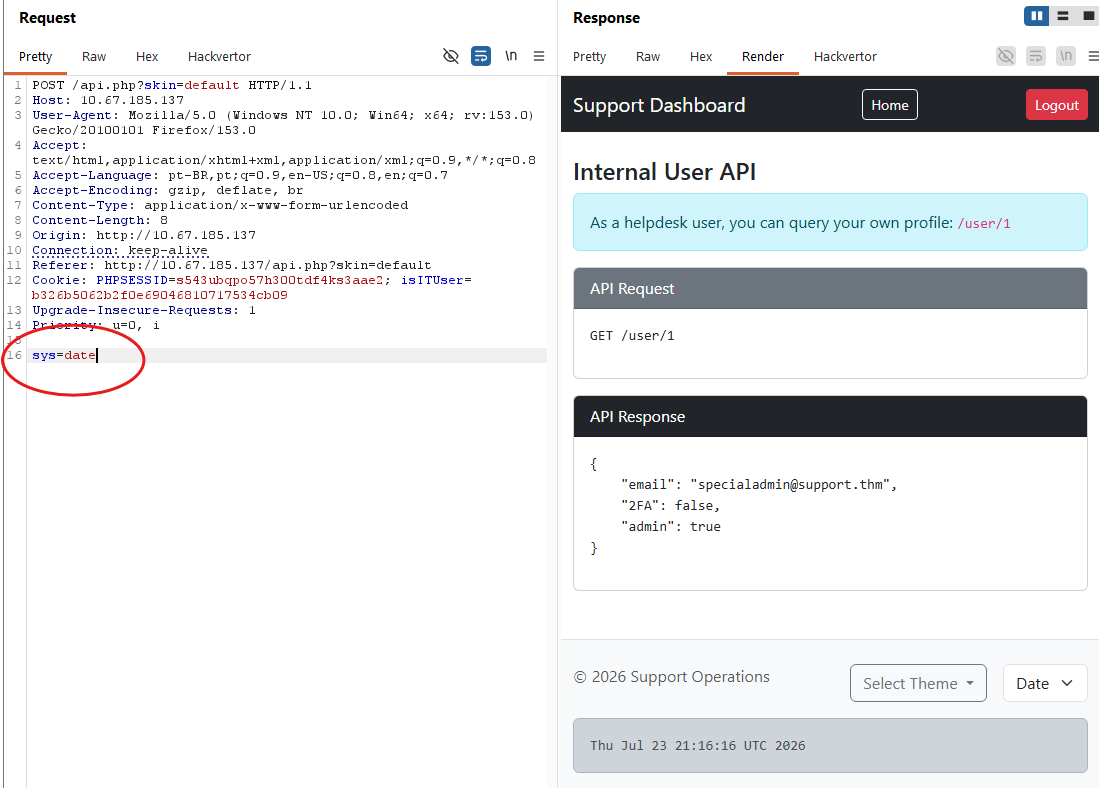 Burp Suite request containing the sys parameter used by the application
