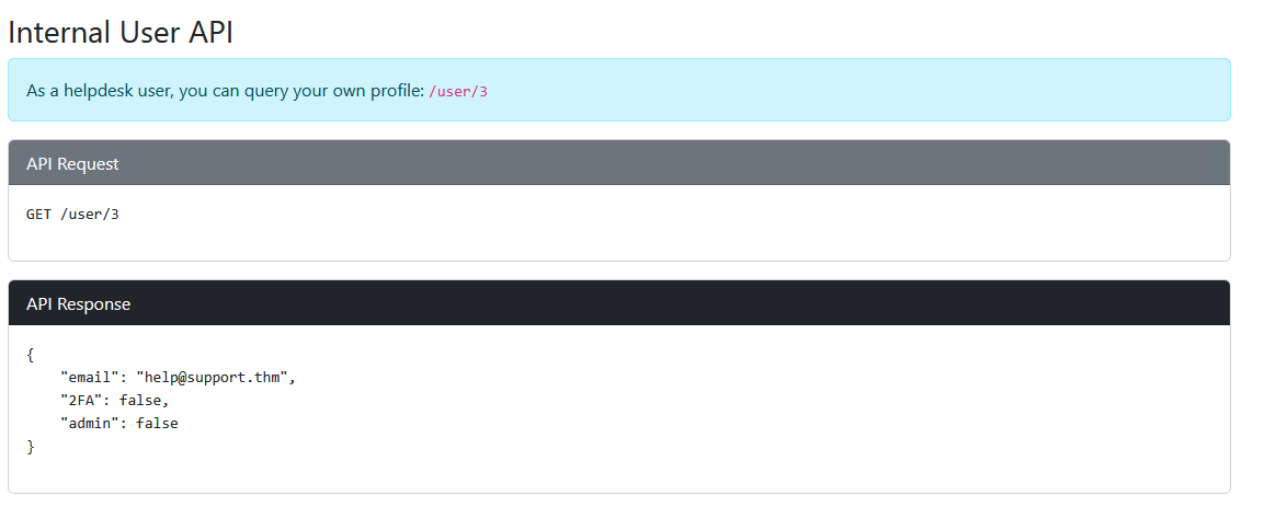Internal user API displayed in the Support administration panel