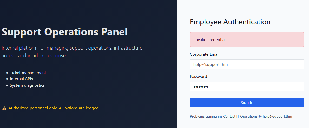 Main Support application login interface