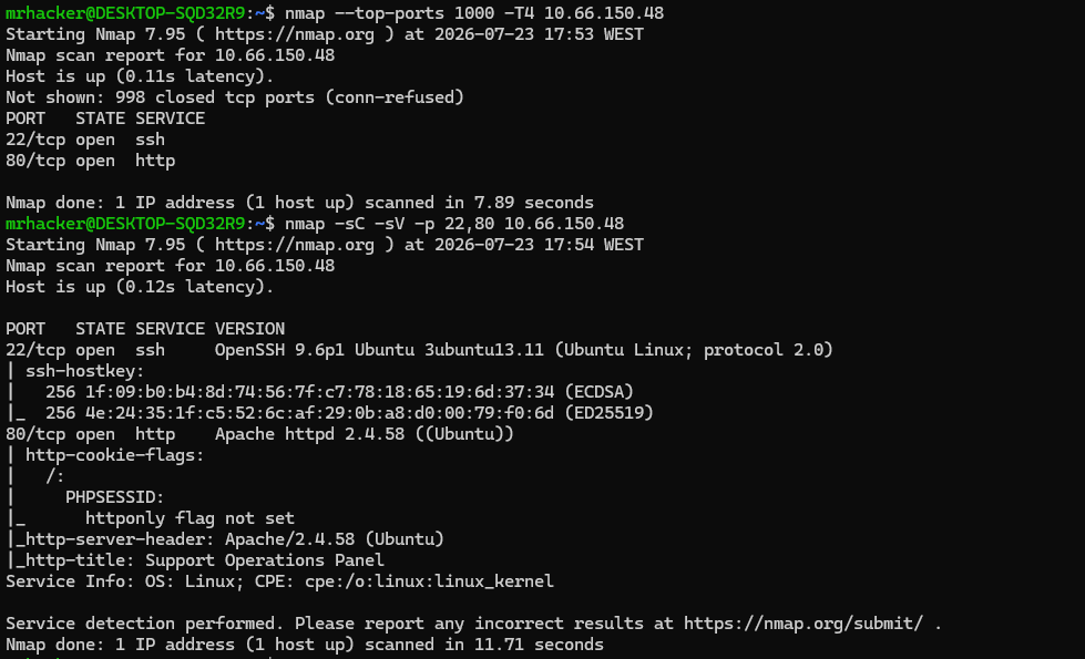 Nmap scan results for the Support challenge target