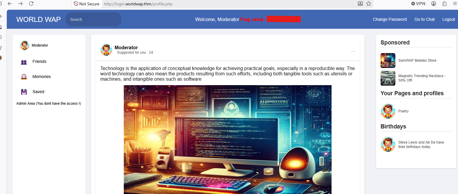 Logged into login.worldwap.thm with moderator session