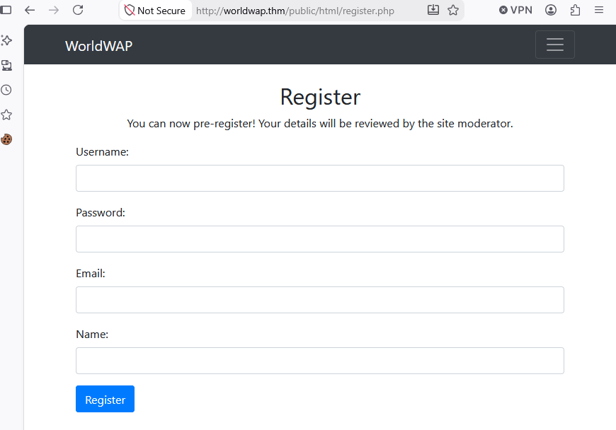 Worldwap registration interface